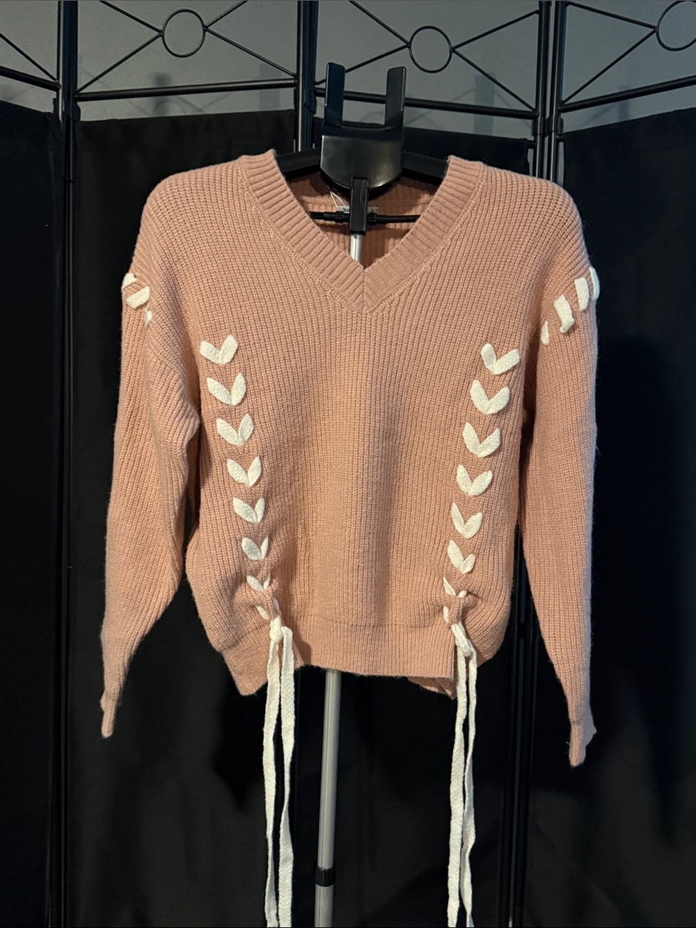 white birch Dusty Rose V-Neck Sweater with White Lace-Up Accents